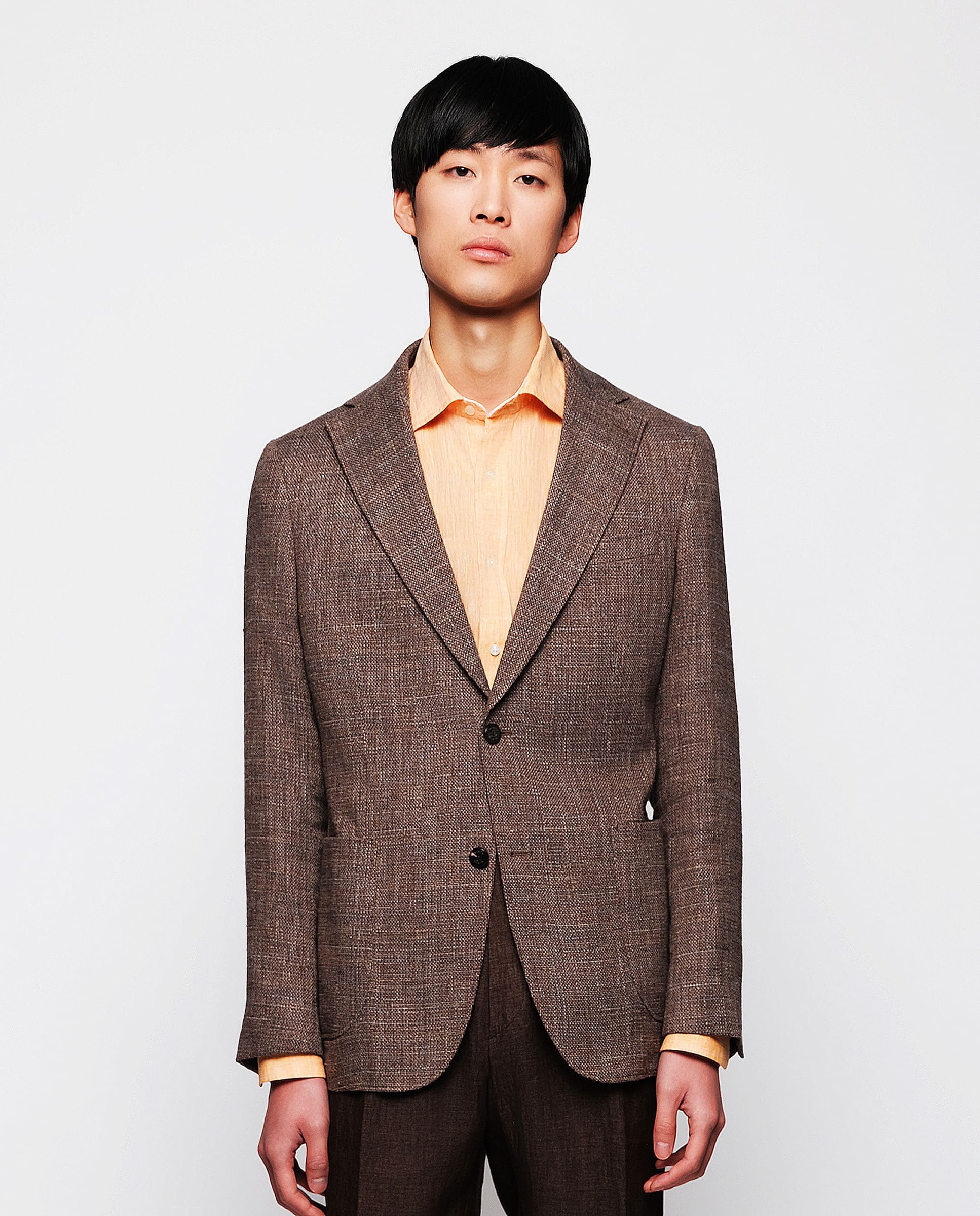 Brown coton & linen stretch blend jacket by MIRTO