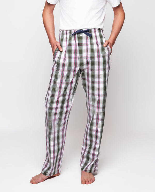 Khaki & purple plaid long pajama pants