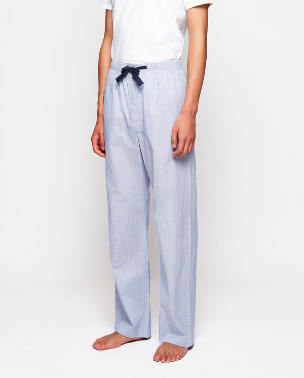 Blue long pajama pants with white plaid