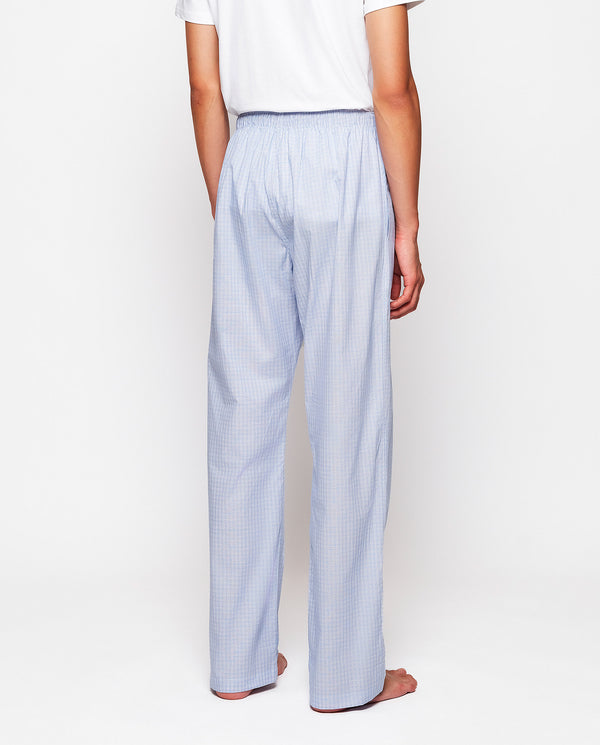 Blue long pajama pants with white plaid