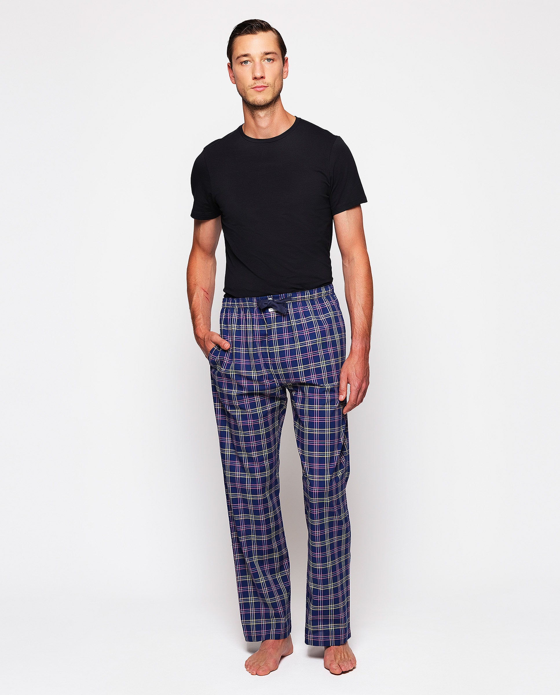 Navy blue plaid long pajama pants by MIRTO