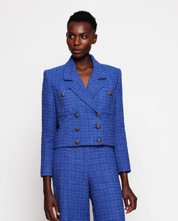 Blue shiny tweed double breasted jacket by MIRTO