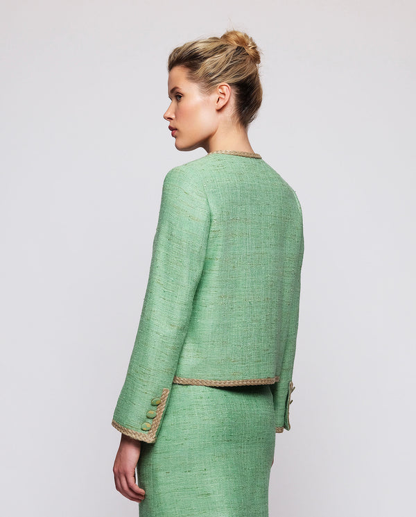 Green silk tweed short jacket by MIRTO