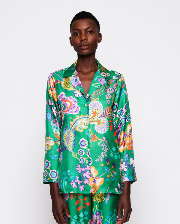 Floral print green silk twill blouse by MIRTO