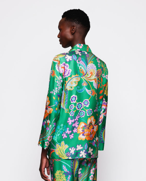 Floral print green silk twill blouse by MIRTO