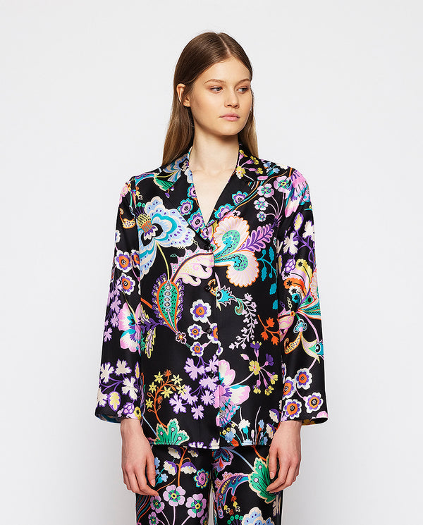 Floral print silk twill black blouse by MIRTO