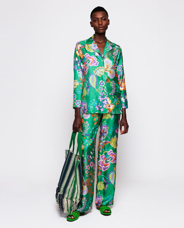 Green silk floral print trousers by MIRTO