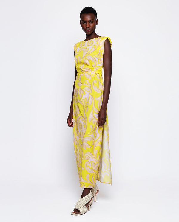 Yellow ornamental print long dress by MIRTO