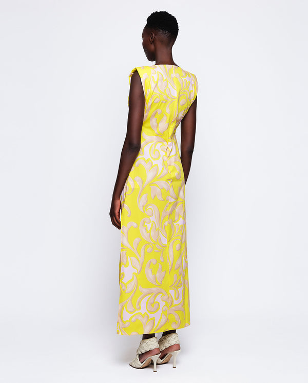 Yellow ornamental print long dress by MIRTO