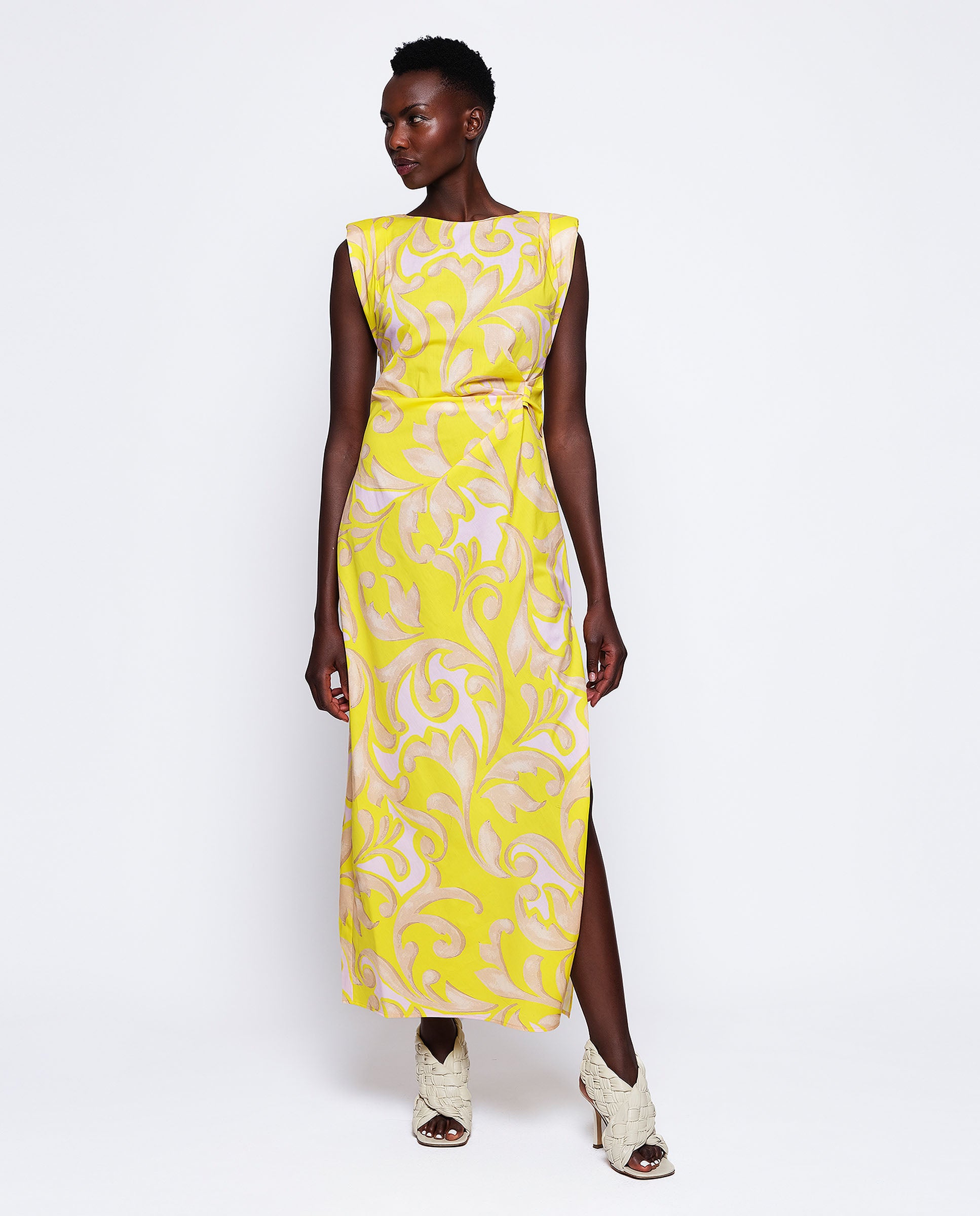 Yellow ornamental print long dress by MIRTO