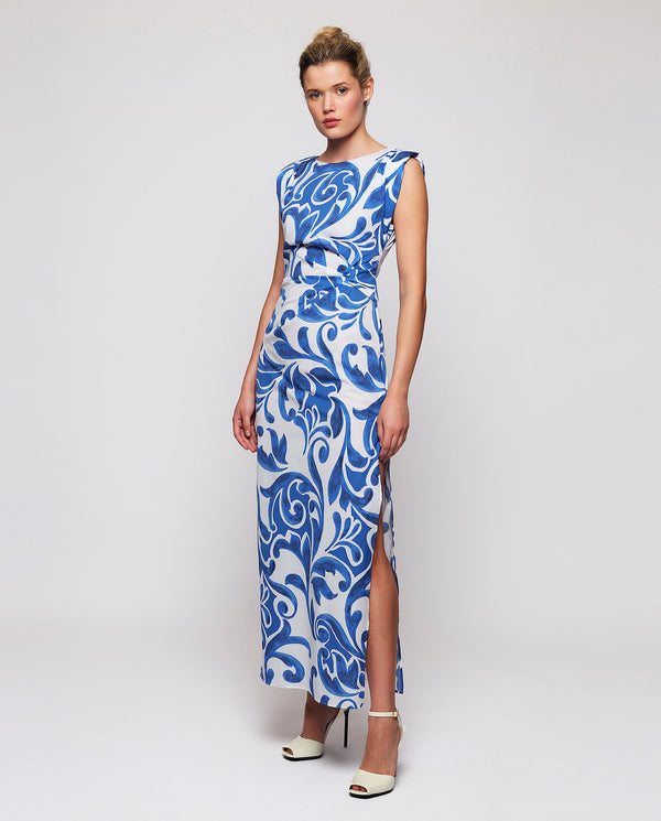 In blues ornamental print long dress by MIRTO