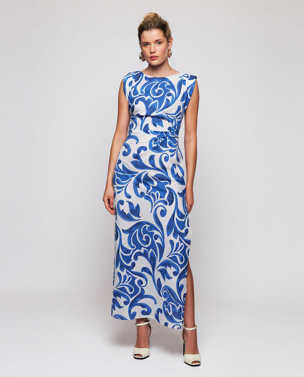 In blues ornamental print long dress by MIRTO