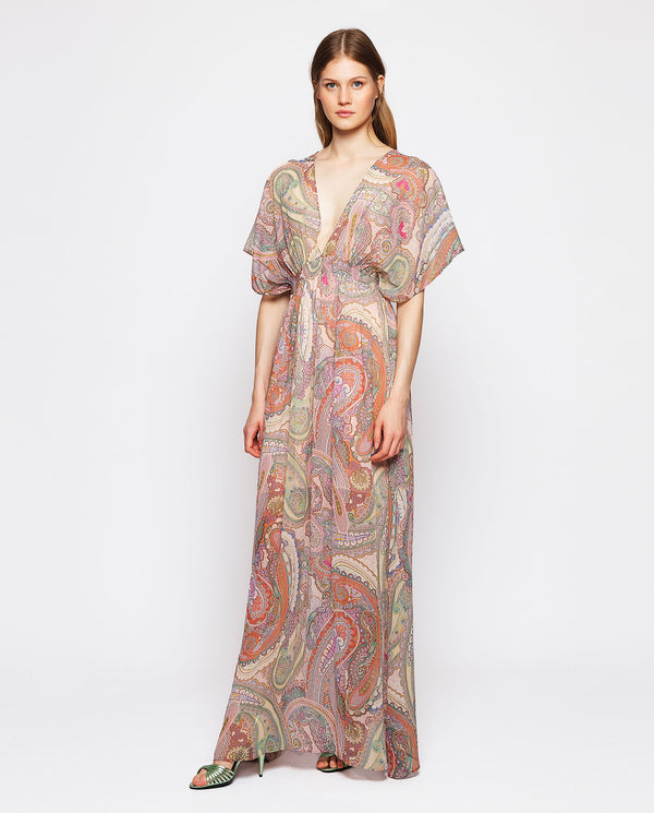 Paisley print long dress with metalic details by M