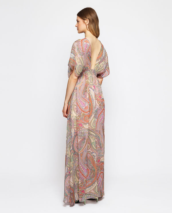 Paisley print long dress with metalic details by M