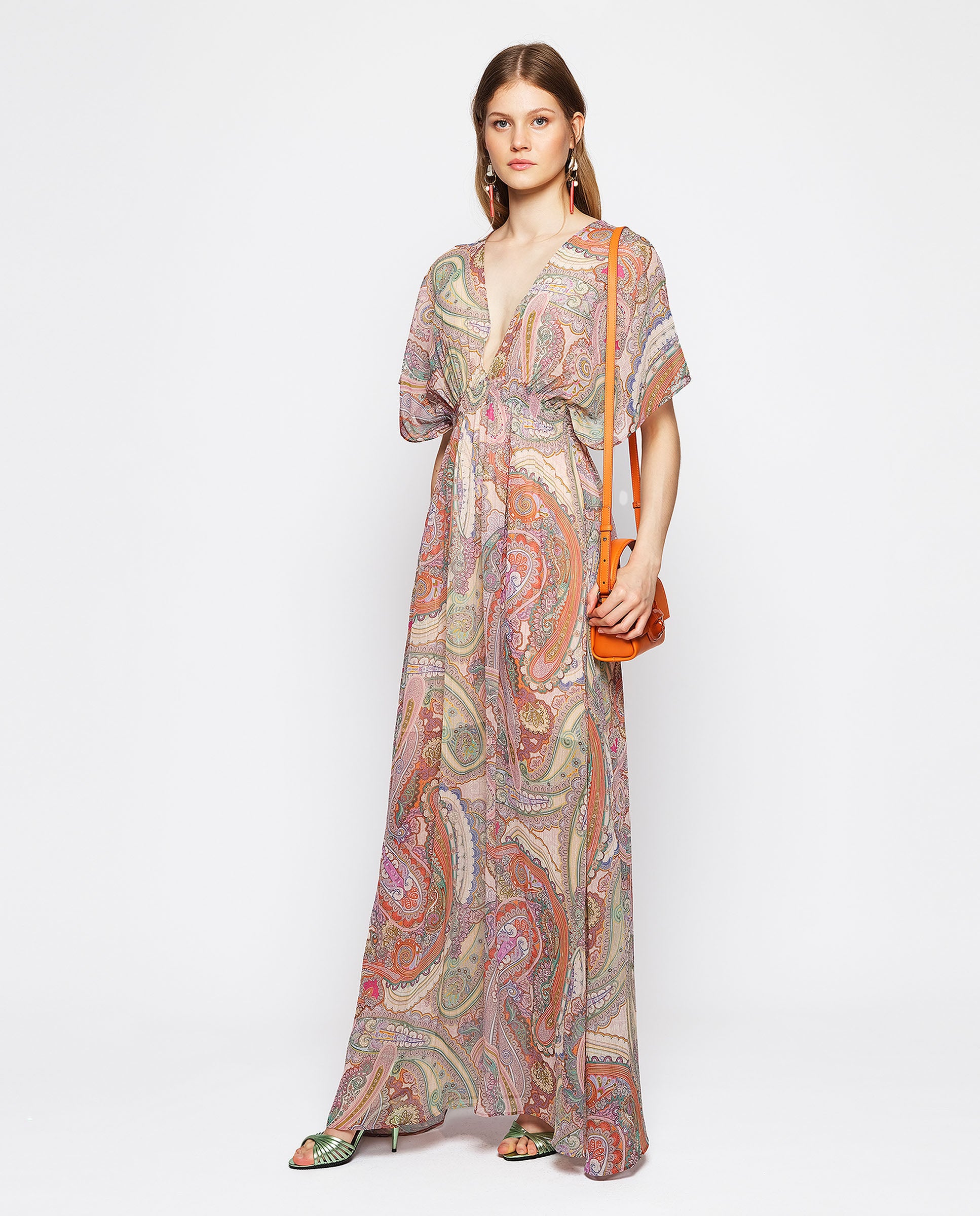 Paisley print long dress with metalic details by M