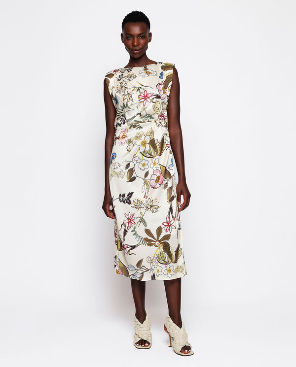 Beige botanical floral print midi-dress