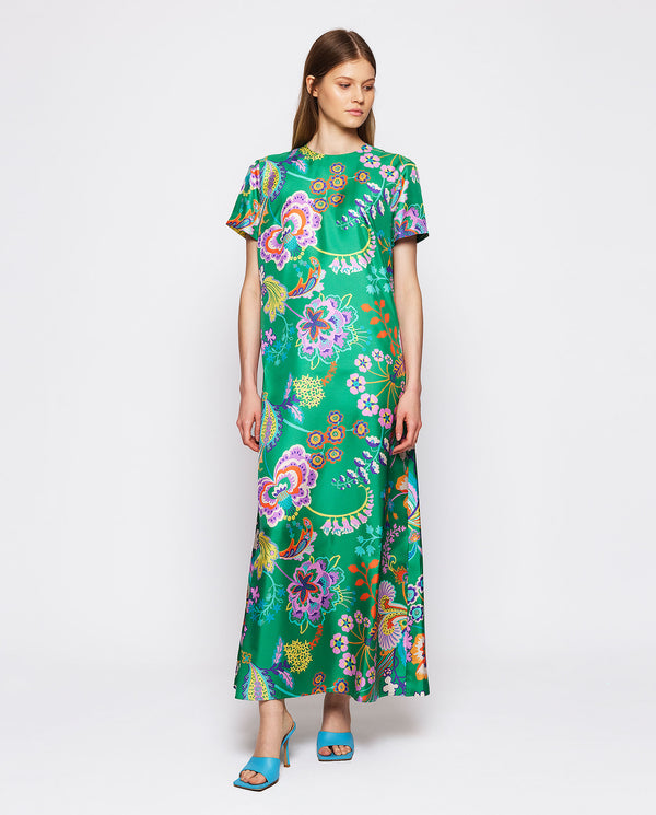 Green floral print silk twill dress by MIRTO