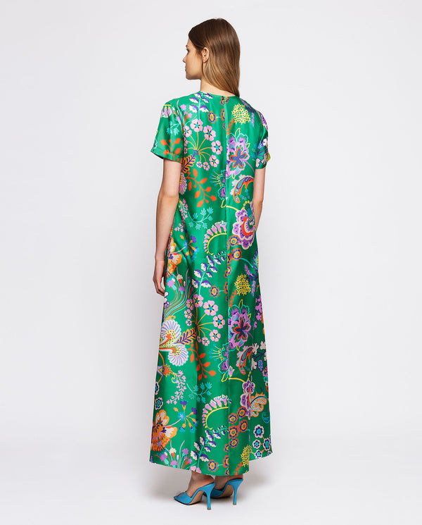 Green floral print silk twill dress by MIRTO