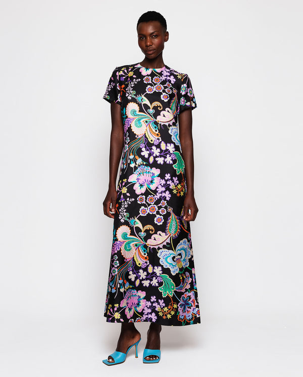 Black floral print silk twill dress by MIRTO