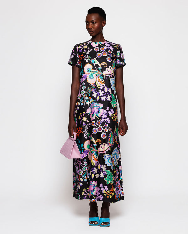 Black floral print silk twill dress by MIRTO