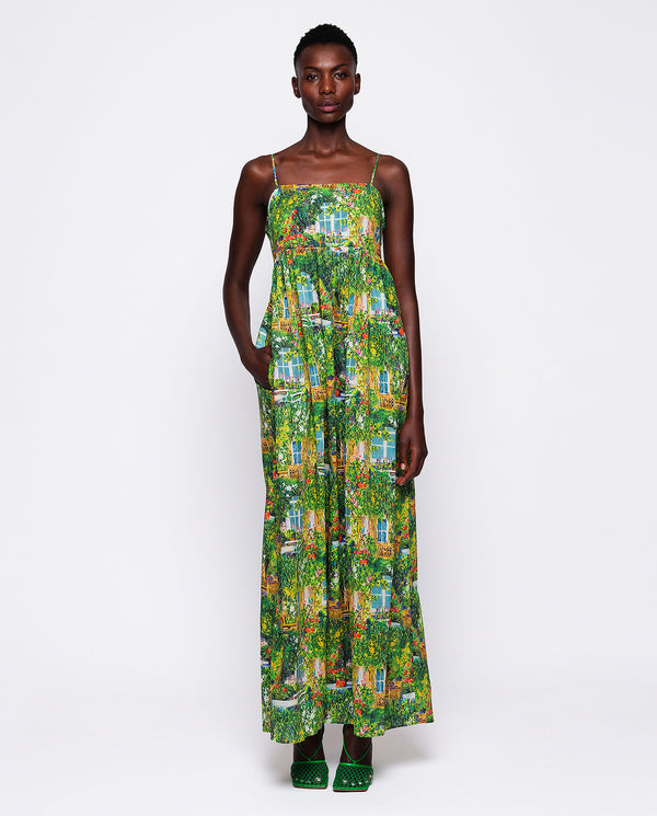 Green pictorial print long dress by MIRTO