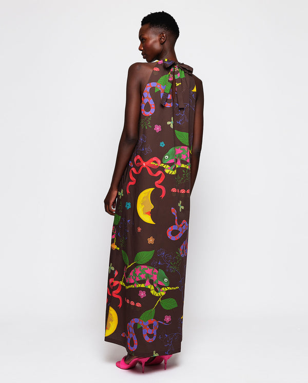 Brown long cotton dress with prints by MIRTO