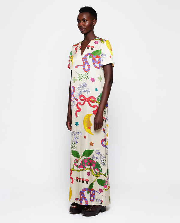 Ecru long dress with figurative print by MIRTO