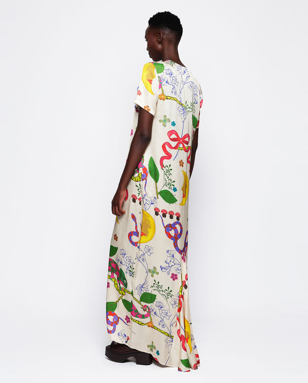 Ecru long dress with figurative print by MIRTO