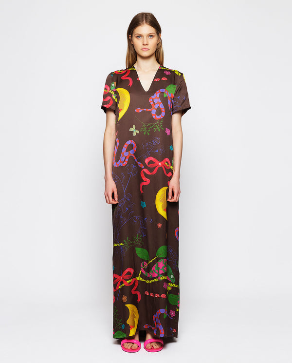 Brown long dress with figurative print by MIRTO