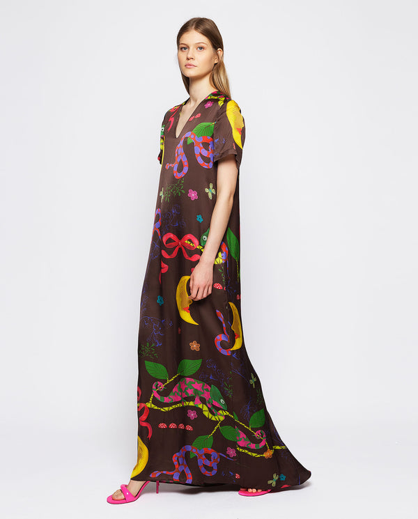 Brown long dress with figurative print by MIRTO