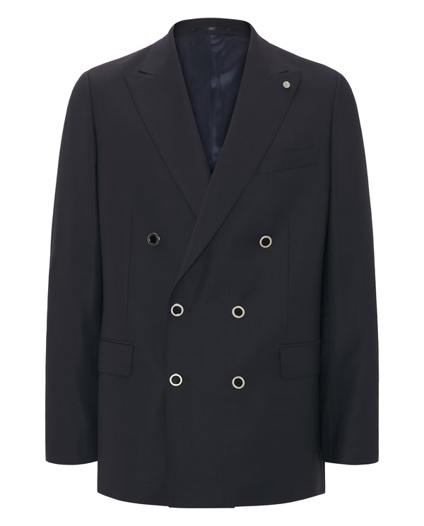 Navy blue wool crossover blazer by MIRTO