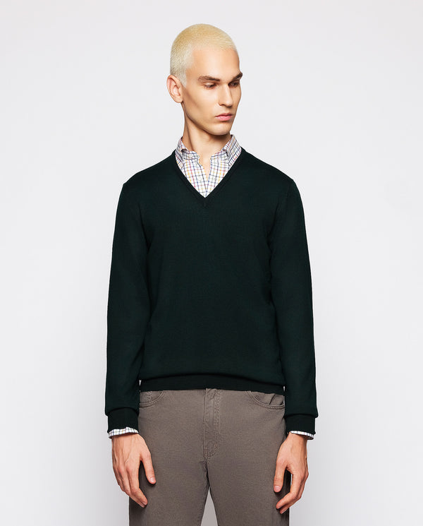 Green V neck merino wool jumper