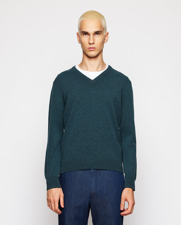 Green V neck lambswool jumper