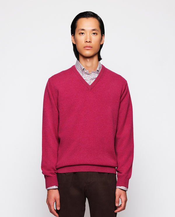 Raspberry V neck lambswool jumper