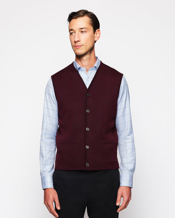 Burgundy knit button-up waistcoat by MIRTO