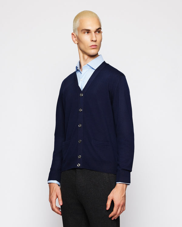 Navy blue knit button-up cardigan