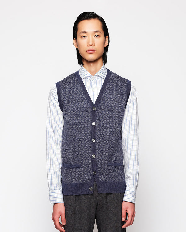 Navy blue jacquard button-up waistcoat by MIRTO