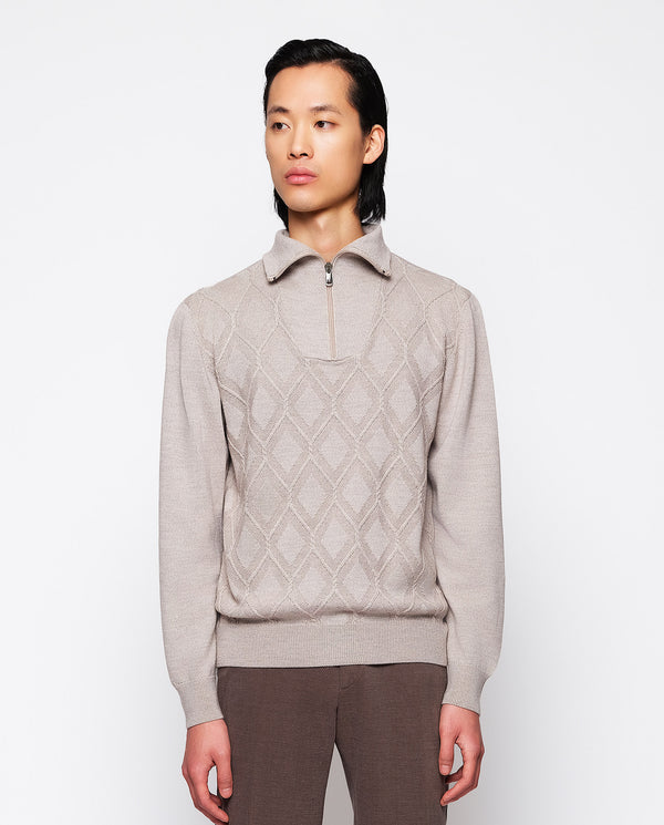 Beige jacquard front jumper (perkins collar) by MI