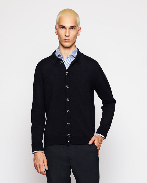 Navy blue knit jacket with shirt collar