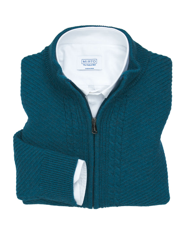 Turquoise knit jacket (perkins collar) by MIRTO