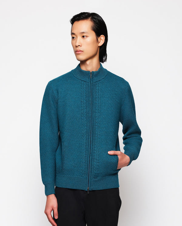 Turquoise knit jacket (perkins collar) by MIRTO