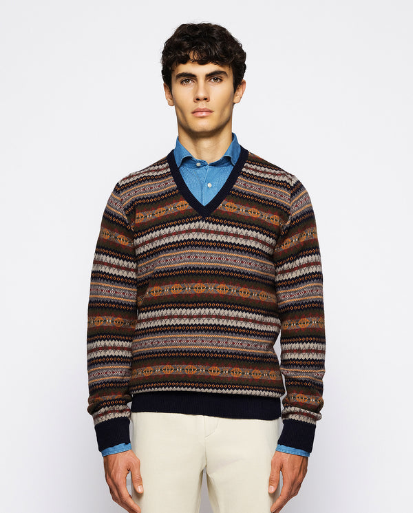 Blue V neck lambswool jacquard jumper