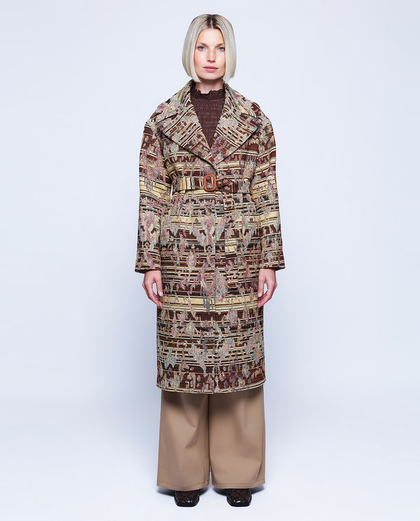 Brown jacquard coat by MIRTO