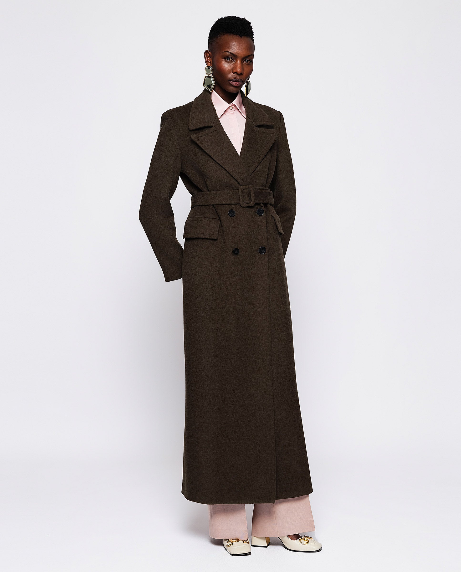 Khaki green wool & cashmere long coat by MIRTO