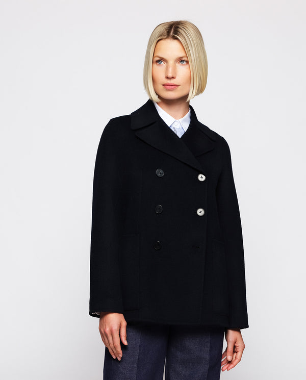 Navy blue wool & cashmere double-face jacke by MIR