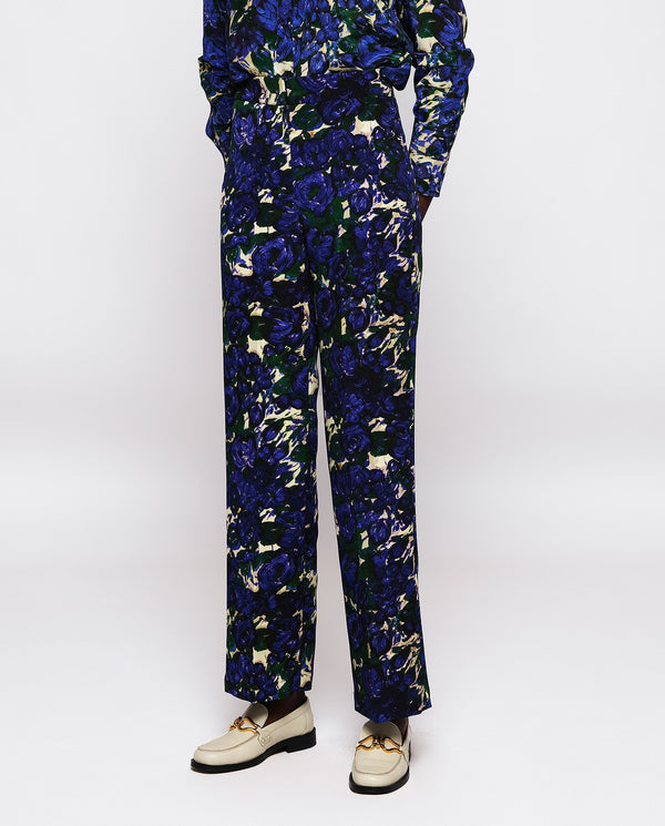 Blue & green floral print straight trousers by MIR