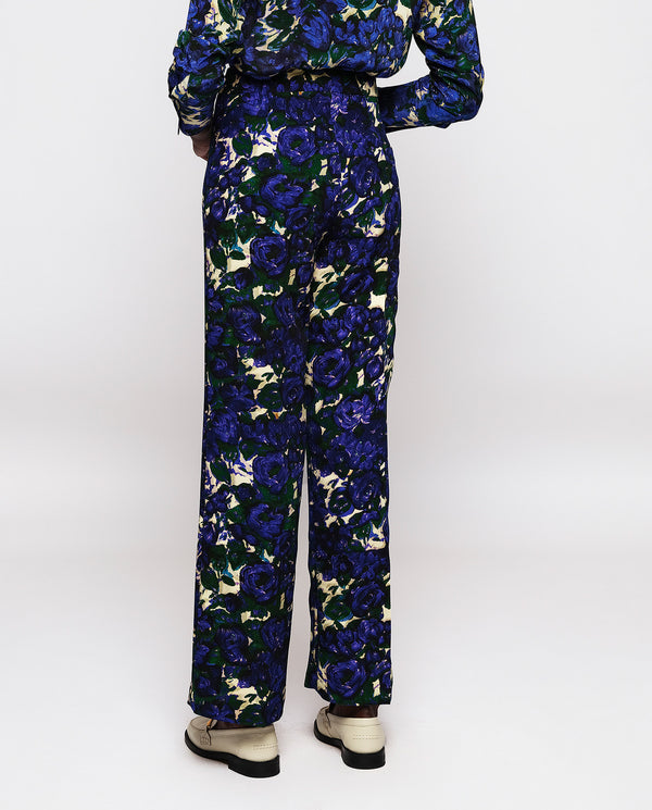 Blue & green floral print straight trousers by MIR