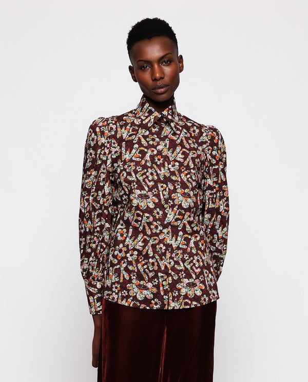 Burgundy cotton floral print shirt by MIRTO