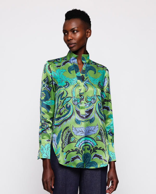 Green silk ornamental paisley print blouse by MIRT