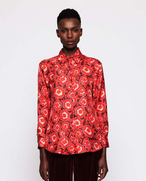 Red silk twill floral pint blouse by MIRTO